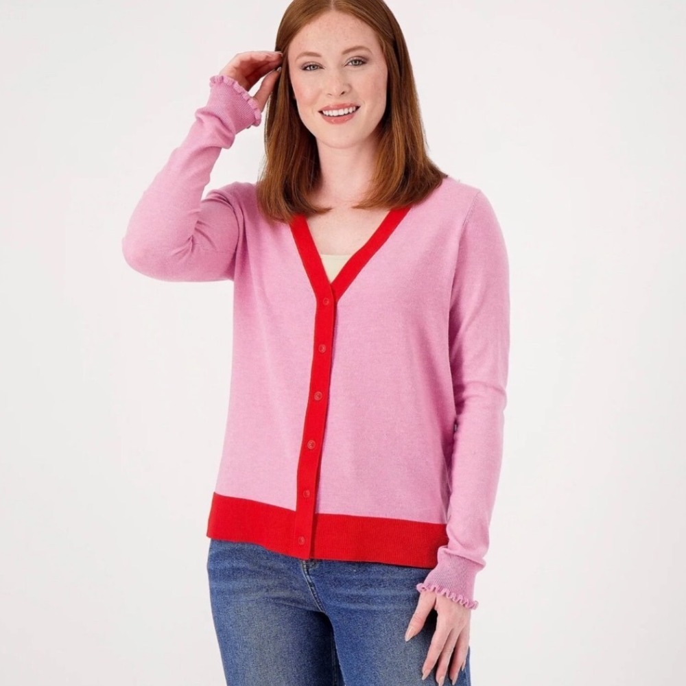 Candace Cameron Bure Pink Red V Neck‎ Ruffled Cuff Cardigan Sweater Small - NWT